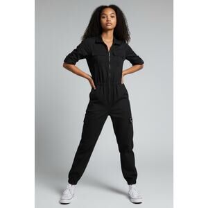 DKNY Black Utility Cargo Jumpsuit Womans L Tab Sleeve Travel Holiday Comfy Chic